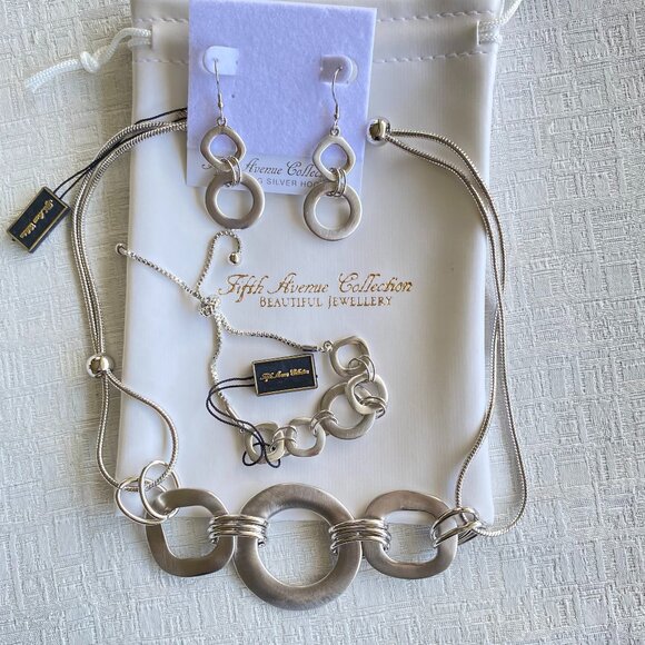 FAC Modern Silver Tone Necklace Earrings & Bracelet NWT - Picture 1 of 8